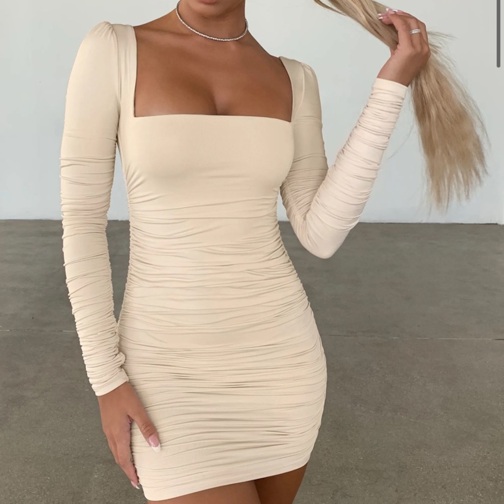 Flatter Me Long Sleeve Ruched Mini Dress in Beige
